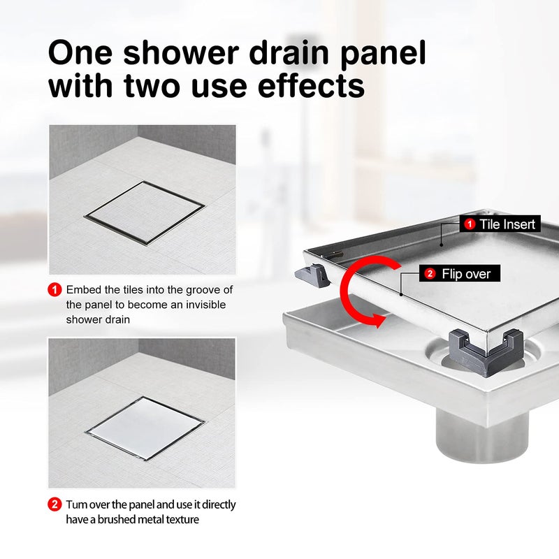 SaniteModar Square Shower Drain 6 inch with Shower Drain Base, Tiled Stealth and 304 Stainless Steel Brushed Chrome 2 in 1 Panels,Includes Hair Strainer and Threaded Adapter - Image 3
